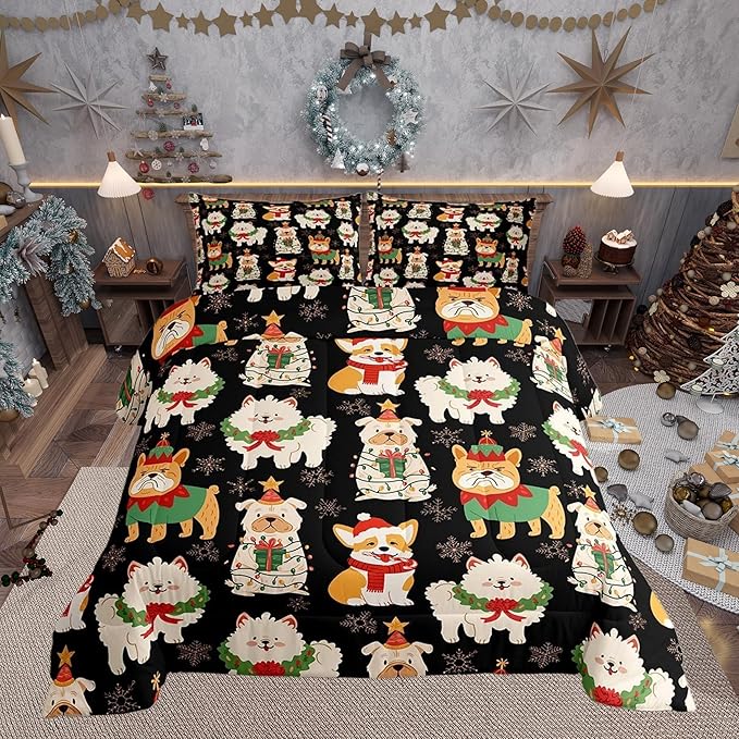Castle Fairy Cute Puppy Dog Animal Twin Size Comforter Set,Christmas Pets Quilt Set Soft Bed Collection,Merry Christmas Theme Bedding Comforter for Boys Girls Room Decor,2 Pcs