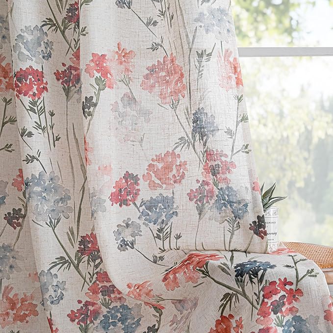 MYSKY HOME Linen Floral Curtains 84 inch Length 2 Panels Semi Sheer Light Filtering Privacy Protect Flower Patterned Drapes for Living Room Bedroom, 52" Wide, Red, Pack-2