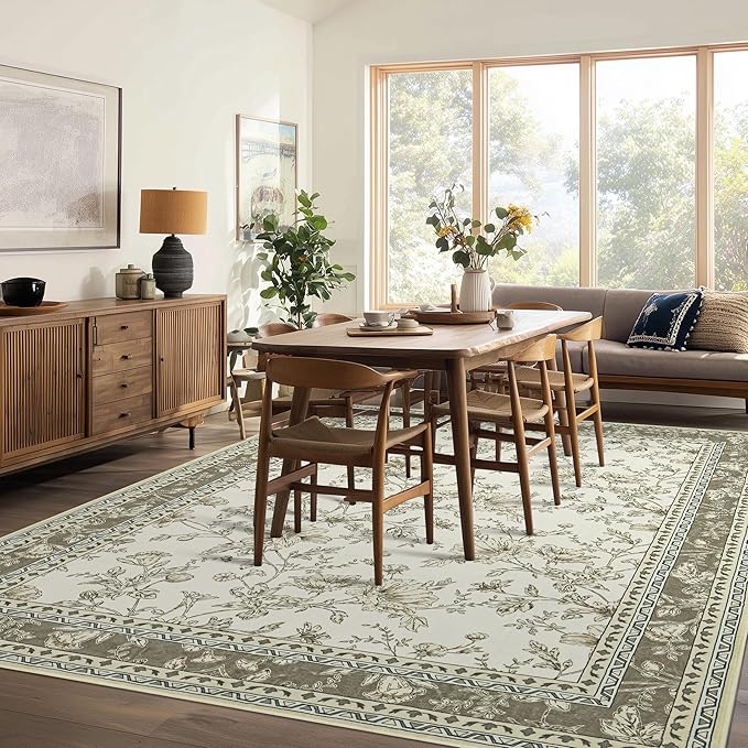 Boho Dining Room Rugs for Under Table 7x9 Washable Taupe Cream Beige Tan Floral Design Sketch Style Area Rug for Living Room, Low Pile Non-Slip for Bedroom Under Bed Aesthetic Boho Farmhouse Decor