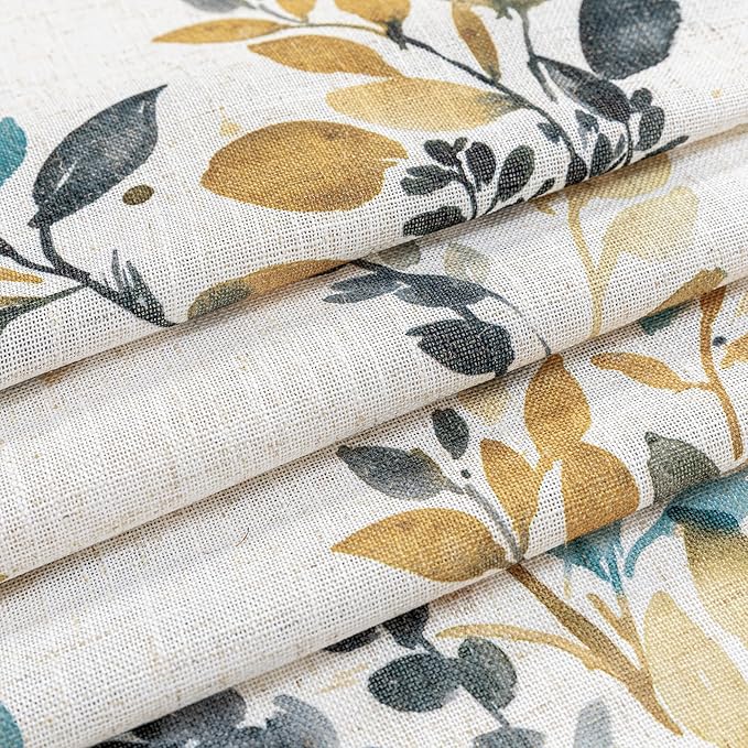 MYSKY HOME Bedroom Linen Look Semi Sheer Floral Curtains 63 inch Length 2 Panels for Kitchen Small Window Kids Room Decor Leaves Pattern Light Soften Privacy Drapes, Yellow and Blue, 2Pcs