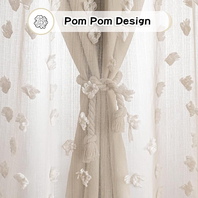 MYSKY HOME Beige Curtains for Bedroom 90 Inches Long Living Room Curtain with Beige Pom Pom Sheer for Dining Room Grommet Double Layer Nursery Curtain Toddler Room Darkening Window Drapes 52 Wide