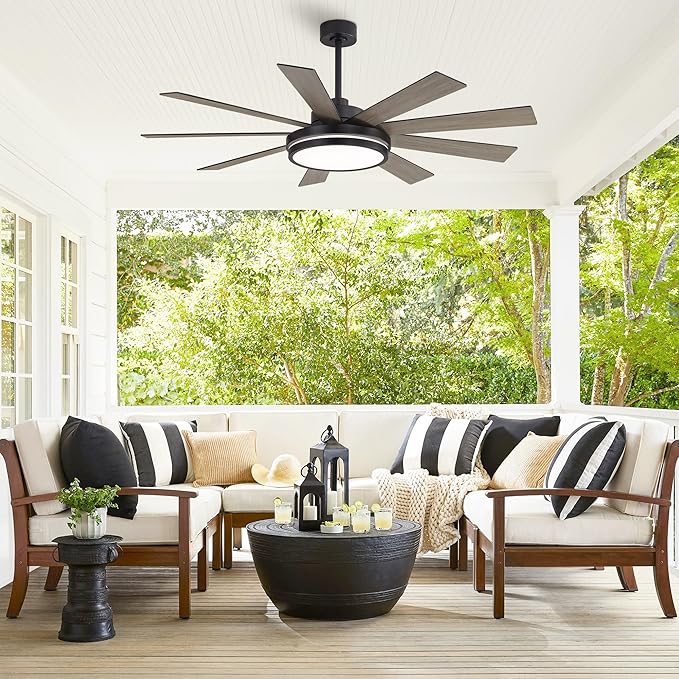 WINGBO 60" Ceiling Fan with Light - Large LED Dimmable Light, 6-Speed Remote Control, Reversible DC Motor, Modern Ceiling Fan 9 Blades for Bedroom, Living Room, Indoor Outdoor Black and Driftwood