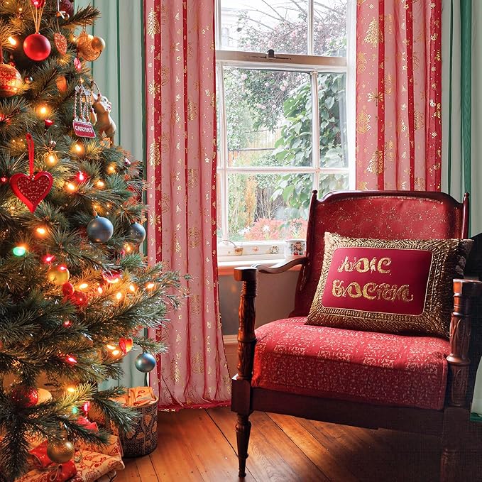 NICETOWN Christmas Curtain Set - 2 Green Sheer (W29 x L63) & 2 Gold Foil Printed Panels(W40 x L63), Grommet Festive Window Decor for Holiday Season