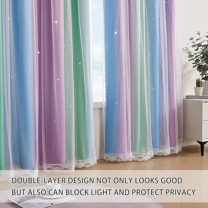 XiDi Girls Curtains for Bedroom 63 Inches Long 2 Panels Green Purple Blue Rainbow Blackout Curtains for Little Girl Kids Room Decor Living Room, Princess Unicorn Wall Decals Drapes 52x63
