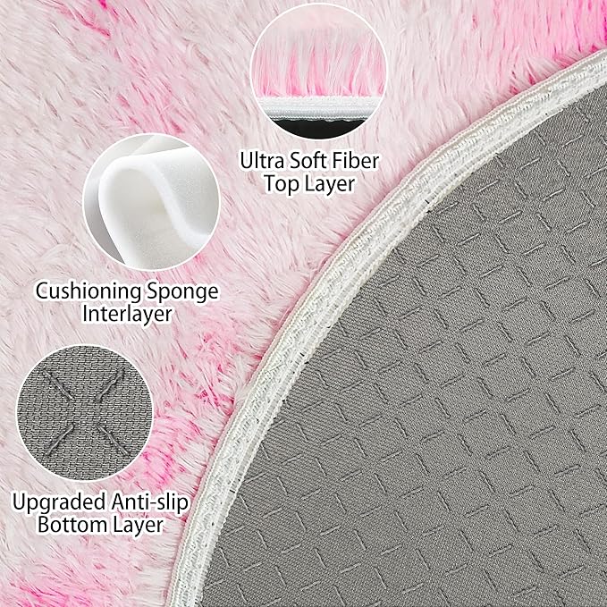 2x2 ft Small Fluffy Round Rug for Girls Bedroom,Soft Shaggy Kids Pink Rugs Kawaii Colorful Carpet Fuzzy for Room Kids Bedroom Girls Dresser Playroom Nursery Storage Cabinet Décor