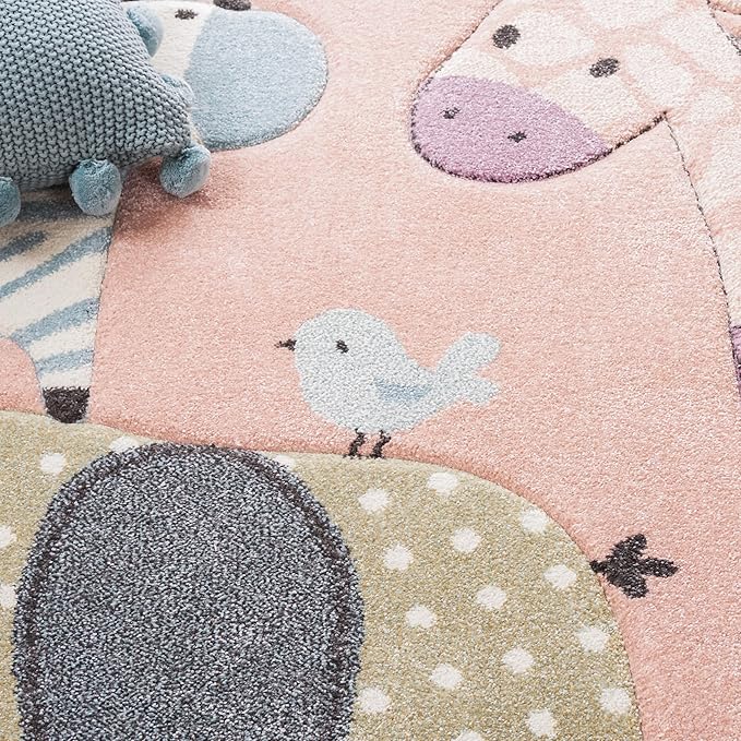 SAFAVIEH Carousel Kids Collection Area Rug - 5'3" Round, Blush Pink, Animal Design, Easy Care & Non-Shedding, Ideal for High Traffic Areas for Boys & Girls in Playroom, Nursery (CRK120U-5R)