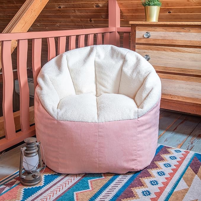 Big Joe Milano Bean Bag Chair for Kids, Teens, Adults, Oat Sherpa and Desert Rose, Vegan Suede, Lightweight Seat for Reading Nook and Gaming, 2.5 foot Refillable