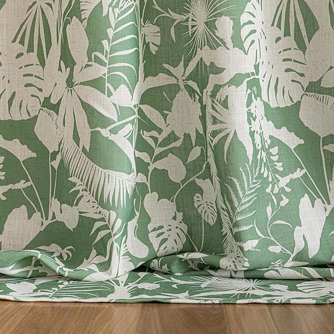MYSKY HOME Tropical Linen Curtains for Living Room 84 inch Length 2 Panels Set Decor Semi Sheer Curtains Green Palm Leaves Plant Pattern Window Drapes for Bedroom Dining Room Patio, Green, 2 Pcs