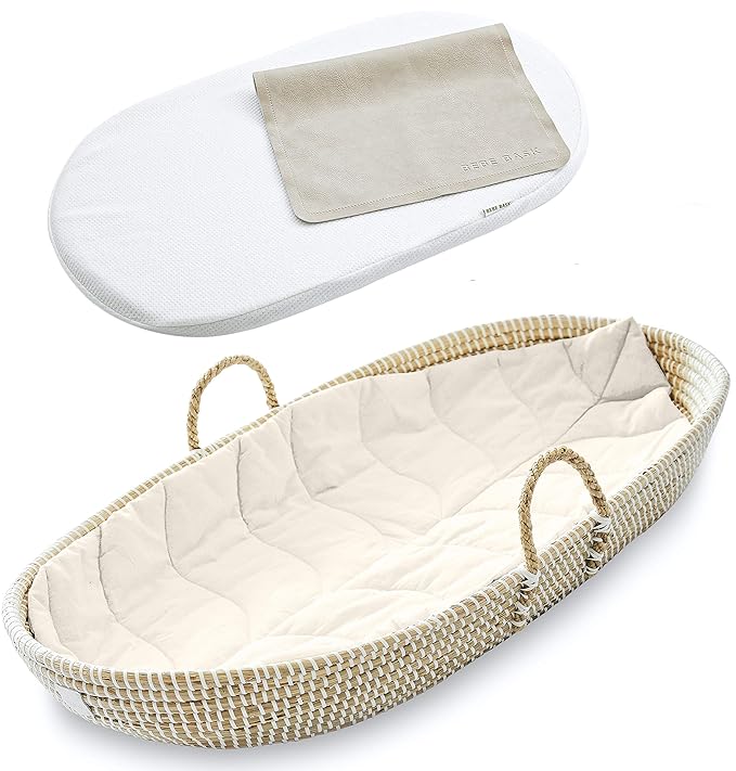 BEBE BASK Premium Baby Changing Basket - Artisan-Crafted Seagrass - Rope Handles - Changing Basket for Baby Dresser - All Accessories Included - Complete Set for Nursery (Natural)
