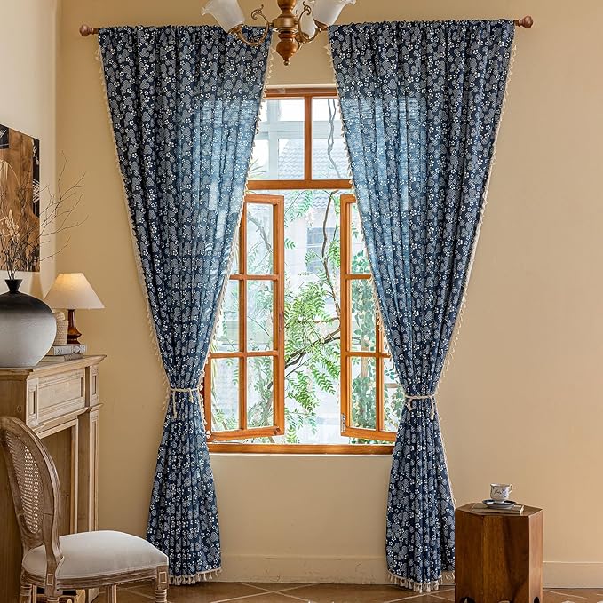 ENJOYBRIDAL White Floral Curtains 84 Inch Long Semi Sheer Navy Blue Drapes Decor Farmhouse Bedroom Tassel Window Curtains 2 Panel Sets Boho Rod Pocket Living Room Aesthetic Window Treatments