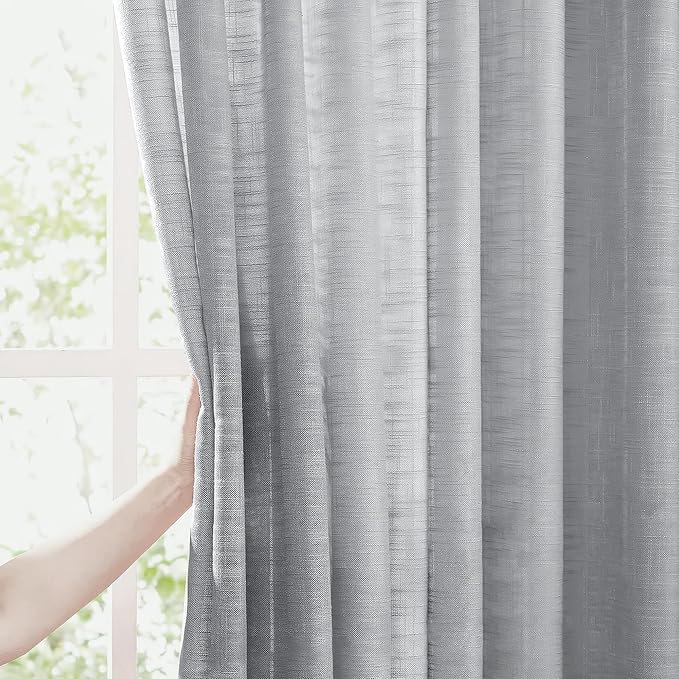 FMFUNCTEX Linen Semi Sheer Grey Curtains for Bedroom Living Room, Gray Curtain Panels 63 Inch Length Sheer Linen Textured Window Drapes Farmhouse Light Filtering 2 Panels Rod Pocket