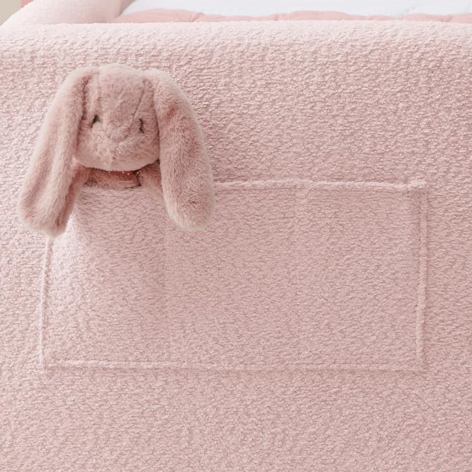 Twin Bed with Rails, Montessori Bed Frame for Toddlers, Boucle Upholstered Platform Bed with Rabbit Ear Headboard, for Kids & Teens, Pink
