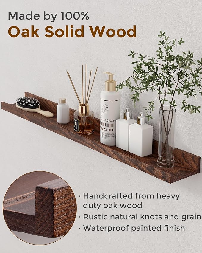 Axeman Oak Picture Ledge Shelf, 48 Inch Floating Shelves Set of 2, Solid Oak Wood Wall Shelves with Lip, Wall Decor Storage for Bedroom Living Room Bathroom Kitchen Nursery Photo Picture, Walnut