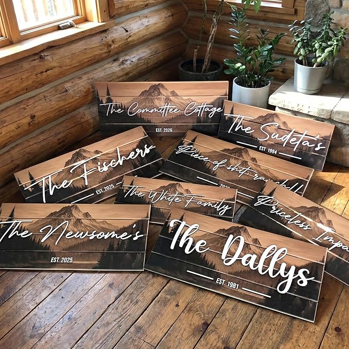Custom Mountain Family Name Sign - Rustic Wood Wall Decor, Personalized Wedding & Gift for Anniversary Couples, Housewarming Gift for New Home