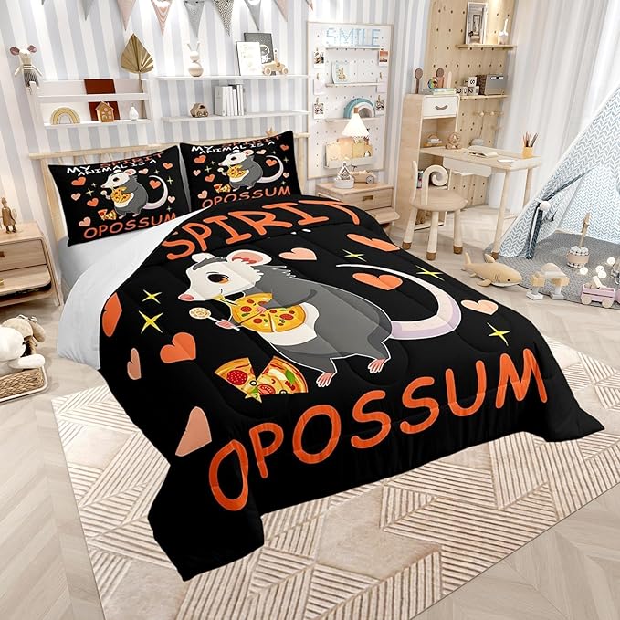 Pizza Candy Dessert Comforter Set with 2 Pillowcases,Cartoon Animal Theme Super Soft Microfiber Bedding Set for Adults Teens,Cute Opossum Duvet Set for Room Decor,King