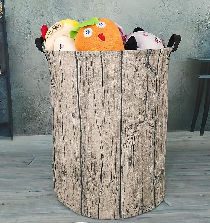 KUNRO Round Laundry Gift Basket Storage Hamper, Kids Toys and Clothes Storage Organizer Bins, Toy Shelf Basket with Handles for Room Decor (Tree Stump)