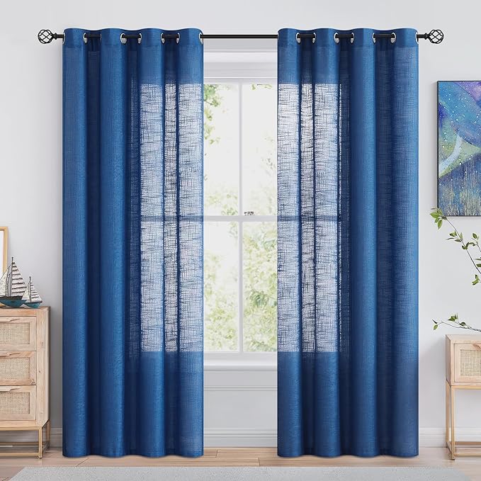 FMFUNCTEX Linen Semi Sheer Curtains for Bedroom, Navy Blue Curtains 96 Inches Long for Living Room, Country Farmhouse Sheer Drapes, Light Filtering Window Curtain, Grommet Top 2 Panels