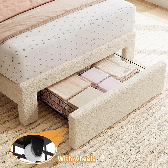 IDEALHOUSE Twin Bed Frame with Storage Drawer and Headboard, Boucle Upholstered Twin Platform Bed Frame for Girls, Strong Wooden Slats Support, Noise-Free, Easy Assembly (Boucle Beige)