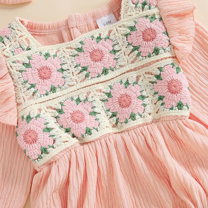 Gaono Newborn Baby Girl Smocked Bubble Romper Cute Boho Summer Clothes Ruffle Sleeveless Crochet Flower Vintage Bodysuit
