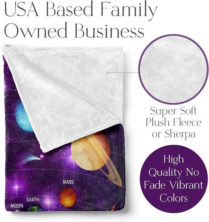 Outer Space Blanket for Kids with Colorful Planetary Solar System, Cute Space-Age Throw for Boys and Girls, Soft and Plush, Early Learning and Educational Fun (Fleece - 60x80)