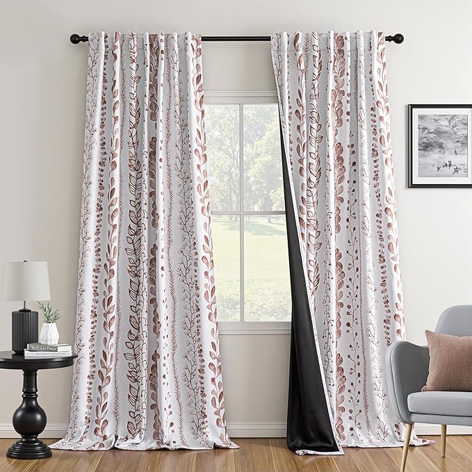 MEETSKY 95% Blackout Curtains for Bedroom, Thermal Insulated Privacy Protection Back Tab Curtains 72 Inches Length for Living Room, Brown Leaf Pattern, 2 Panels, 50" Wide Each