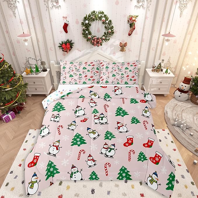 Feelyou Pink Christmas Comforter Set Queen Size Snowman Bedding Set for Kids Boys Girls Snowflake Duvet Quilt Xmas Tree Bedroom Decor Microfiber 3 Pcs with 2 Pillow Cases