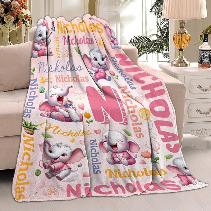 Personalized Custom Pink Elephant Blanket Gifts for Kids Boys Girls with Name - Customized Pink Elephant Super Soft Lightweight Flannel Sheets Decor for Crib Nap Couch - 50"x60" for Teens