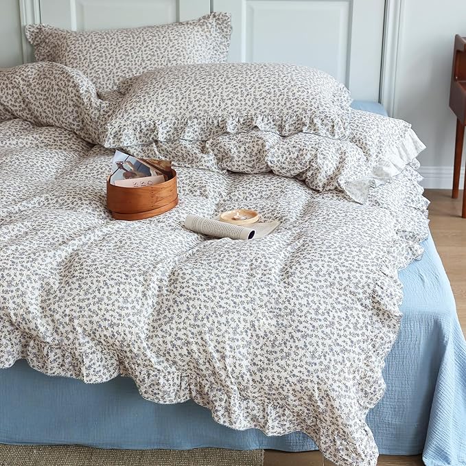 BuLuTu Chic Shabby Floral Girls Boys Duvet Cover Twin Size, Blue Flower Print Kids Duvet Cotton Muslin Soft Breathable Ruffled Quilt Cover Children Bedding, Zipper Closure