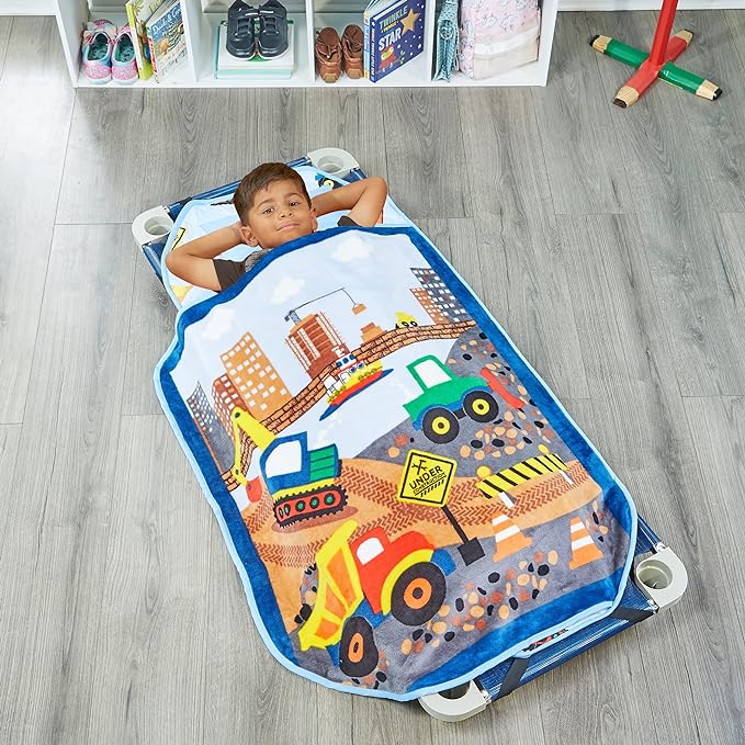 EVERYDAY KIDS Cute Preschooler and Toddler Cot Nap Mat for Home, Daycare, Preschool and Kindergarten; Easy to Roll Sleeping Mat with Elastic Straps, Pillow and Blanket