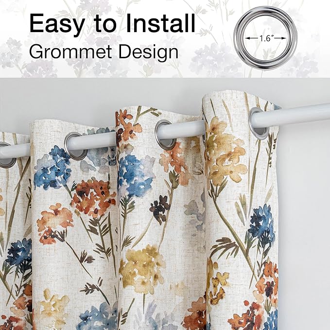 MYSKY HOME 100% Blackout Linen Floral Curtains 63 Inch Long 2 Panels for Bedroom Farmhouse Flower Patterned Double Layer Thermal Insulated Black Out Grommet Window Treatments, Yellow, 52" W Each Panel