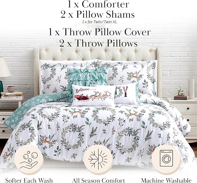 Southshore Fine Living, Inc. 6-Piece Reversible Christmas Bedding Queen, White Christmas Comforter Set Queen Size/Full, 2 Throw Pillows, 2 Shams, 1 Throw Pillow Cover, Holiday Bedding - Happy Holidays