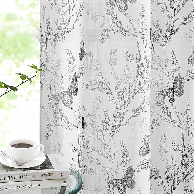 Jubilantex Butterfly Leaf Semi Sheer Curtains 95" L Curtain Panels for Kids Bedroom,Black Print on White Light Filtering Window Drapes,Grommet Top