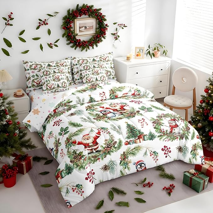 Erosebridal Christmas Santa Claus Bed in A Bag 7 Pcs Cute Penguin Snowman Comforter Set for Women Men Xmas Berry Tree Bedding Sets King Berry Branches Holiday Wreath Sheet Set with Comforter