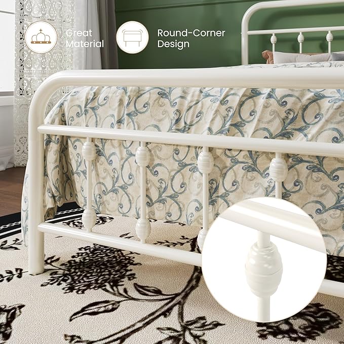 SHA CERLIN Queen Size Metal Platform Bed Frame with Victorian Style Iron-Art Headboard and Footboard, Easy Assembly, Under Bed Storage, No Box Spring Required, White