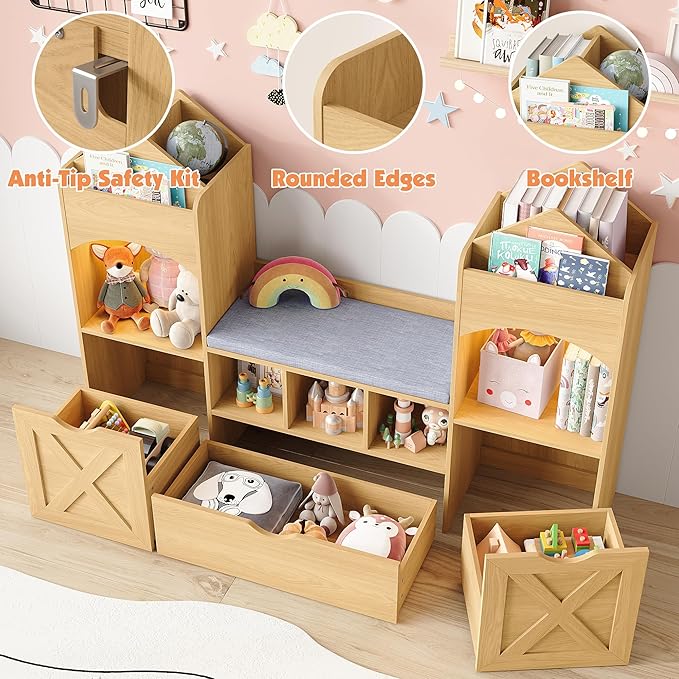 Vabches 54.3’’ Kids Bookshelf with Reading Nook, Toy Storage Organizer with Seat Cushion, LED Lights and 3 Movable Drawers, Castle-Shaped Bookcase with Bench for Playroom, Nursery, Bedroom (Natural)