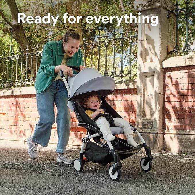 Stokke YOYO3 Stroller from 6 Months - Includes White Frame, Stone Seat Cushion & Stone Canopy - Folds in & Out in a Flash - Light & Compact - Carry-On Compatible