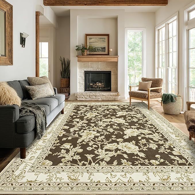 Brown Floral Print Area Rugs for Bedroom Living Room Boho Farmhouse Country Rustic Dining Room Carpet Soft Washable Rugs Non Slip Floor Covering for Nursery Playroom 8x10