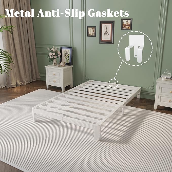 4 Inch Twin Bed Frames with Metal Baffles, White Bed Frame Twin Size No Box Spring Needed, Rounded Corner Legs, Heavy Duty Steel Platform Support, Noise Free, Easy Assembly