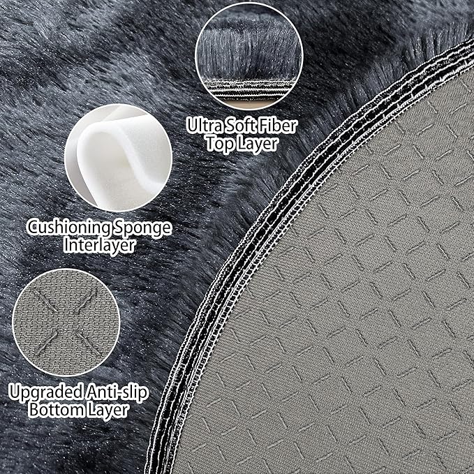 8 ft Round Fluffy Large Black Rug for bedroom,Tie Dyed Furry Round Carpet Non Slip Fuzzy Shaggy Plush Circle Big Area Rug for living room Room Nursery Room Playroom Kids Room Home Decor Washable