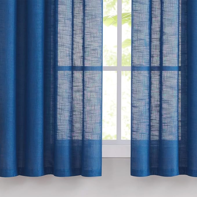 FMFUNCTEX Linen Semi Sheer Curtains for Bedroom, Navy Blue Curtains 84 Inches Long for Living Room, Country Farmhouse Sheer Drapes, Light Filtering Window Curtain, Grommet Top 2 Panels