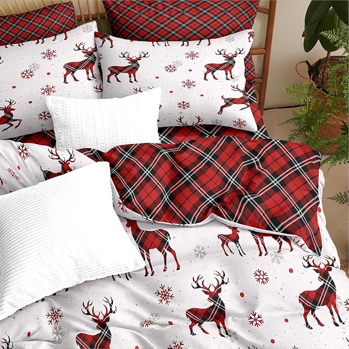 Christmas Duvet Cover Queen Size Red Gingham Christmas Deer Bedding Set 3 Pcs Kids Boys Girls Grid Checked Xmas Snowflake Elk Comforter Cover with Zipper Closure