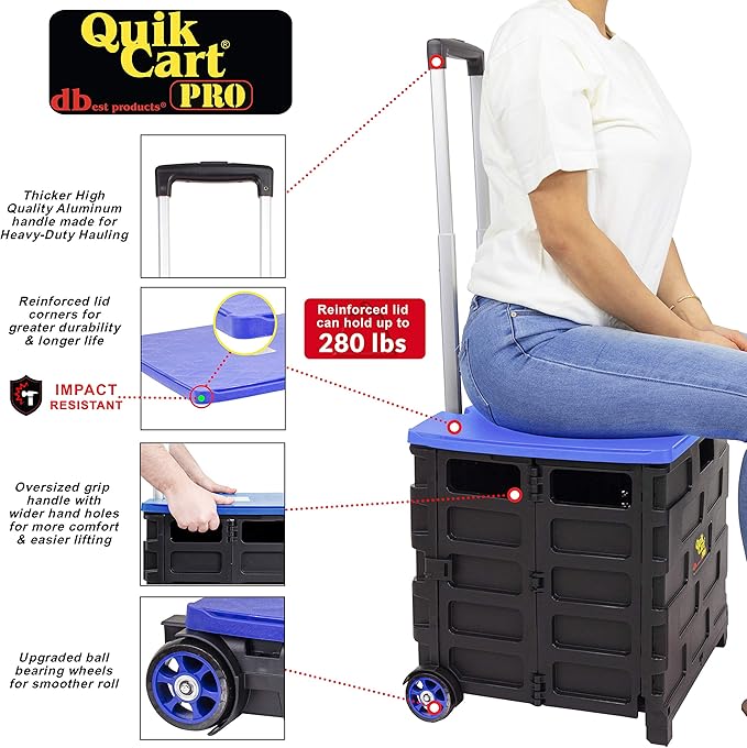 dbest products Quik Cart Pro Wheeled Rolling Crate Teacher Utility with seat Heavy Duty Collapsible Basket with Handle, Blue