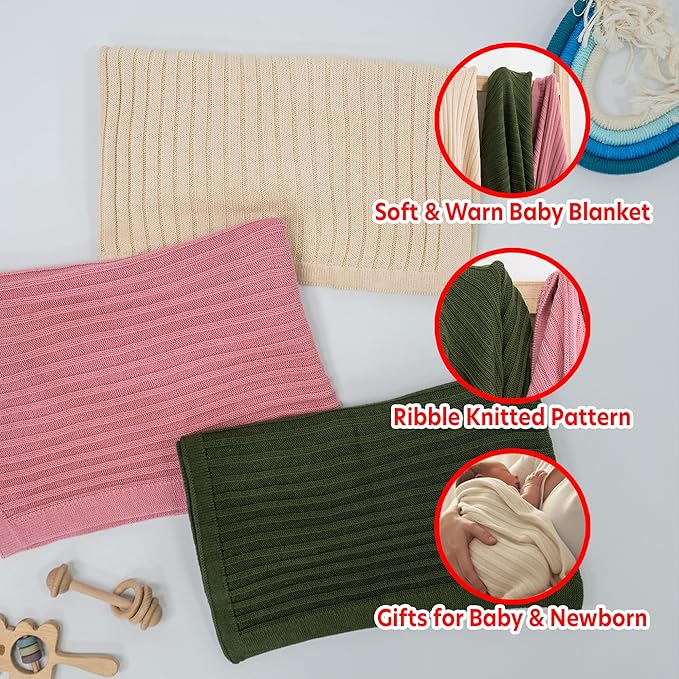Baby Knit Blanket, 100% Cotton Ribble Patterns, Soft, Cozy, Lightweight Swaddle for Newborn & Infant Swaddling Beige Neutral, Perfect Baby Shower Ideas Cream 30x40