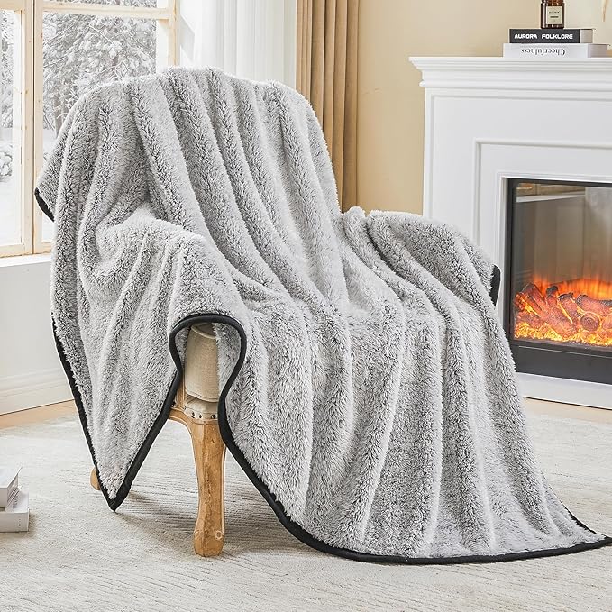 EMME Soft Sherpa Fleece Blanket Reversible Plush Fluffy Large Blanket, Light Weight Warm Decorative Boho Blanket Cover for Sofa, Couch, Bedroom,Travel(Black,108"x90")