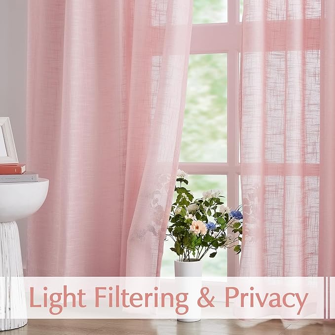 FMFUNCTEX Linen Semi Sheer Curtains for Bedroom, Blush Pink Curtains 96 Inches Long for Living Room, Country Farmhouse Sheer Drapes, Light Filtering Window Curtain, Grommet Top 2 Panels