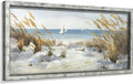 Beach Framed Wooden Wall Art: Coastal Oil Painting Style 40"x20" Ocean Pictures Seascape Art Prints Sand Dunes & Sailboat Artwork for Office