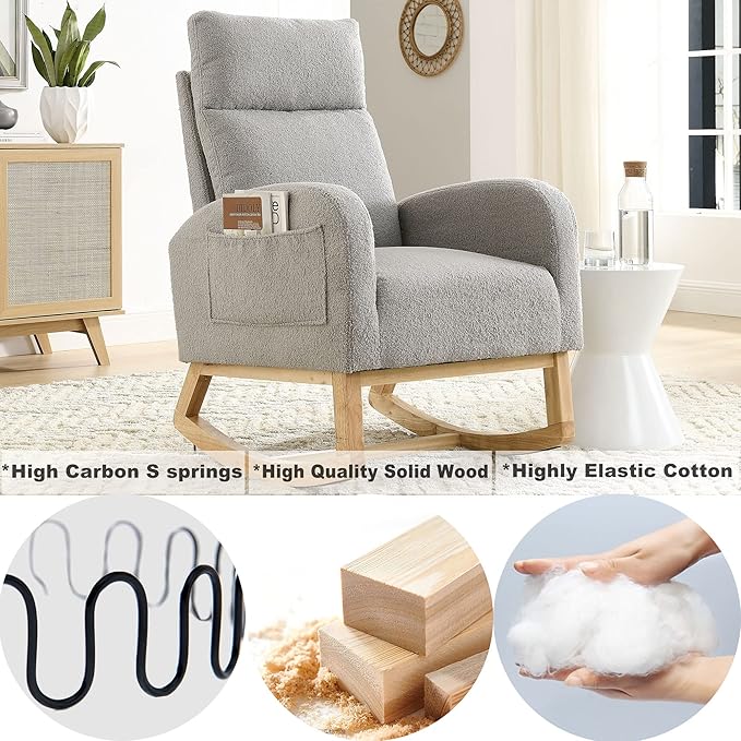 Dolonm Rocking Chair Mid-Century Modern Nursery Rocking Armchair Upholstered Tall Back Accent Glider Rocker for Living Room (Gray)