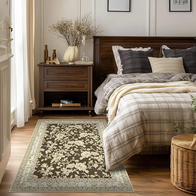 Brown Floral Print Area Rugs for Bedroom Living Room Boho Farmhouse Country Rustic Dining Room Carpet Soft Washable Rugs Non Slip Floor Covering for Nursery Playroom 2x3