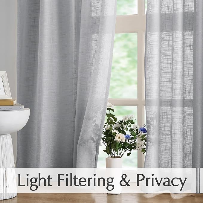 FMFUNCTEX Linen Semi Sheer Curtains for Bedroom, Grey Curtains 72 Inch Length for Living Room, Country Farmhouse Sheer Drapes, Light Filtering Window Curtain, Grommet Top 2 Panels