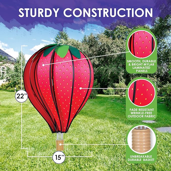 Hot Air Balloon Hanging Garden Spinner 22" - Vibrant Strawberry Design, Weather-Resistant Outdoor Decor, Durable & Lightweight for Patios, Yards, and Gardens - Eye-Catching Wind Spinner